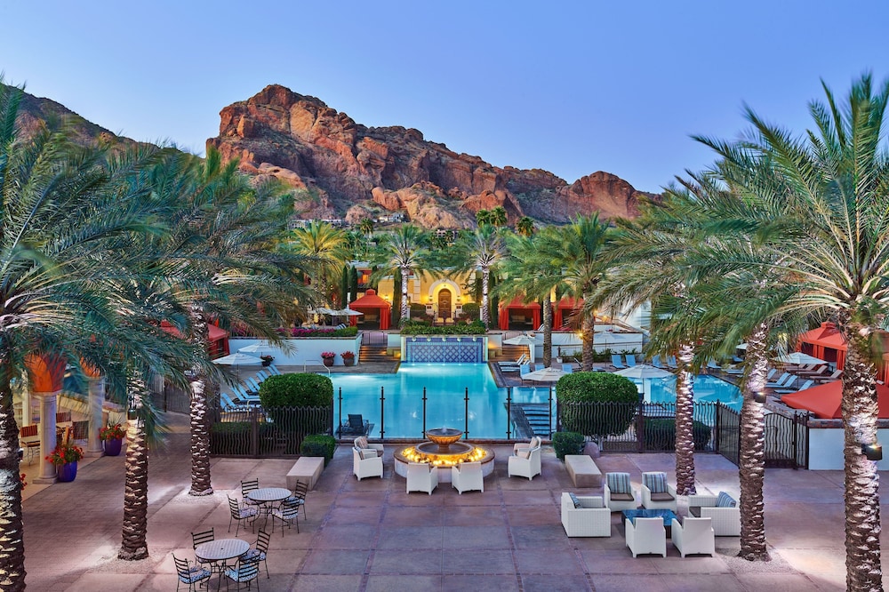 Omni Scottsdale Resort & Spa at Montelucia, one of the top Scottsdale hotels, with Moorish whitewashed architecture and pools below Camelback Mountain in Paradise Valley