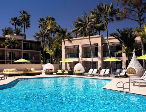 Newport Beach hotels lining the harbor and Balboa Peninsula in California