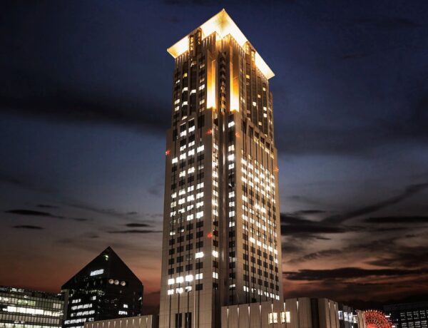 Exterior of Hotel Hankyu International, one of the best Osaka hotels, a tall tower in the Umeda district