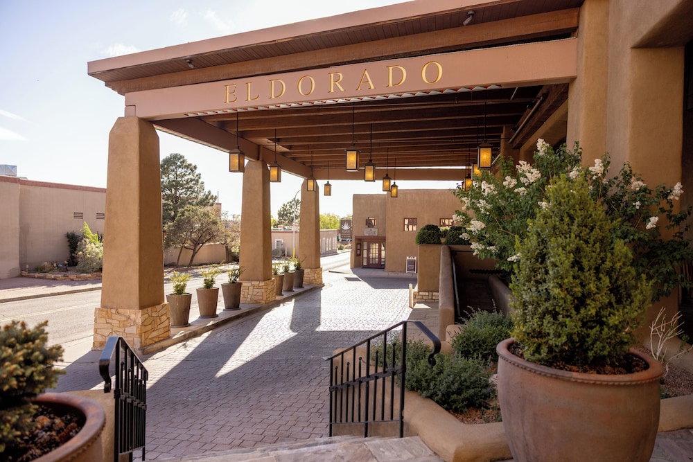 Adobe-style exterior of the Eldorado Hotel & Spa in downtown Santa Fe, New Mexico, featured in our santa fe hotels guide